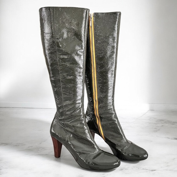 BODEN Gray/Olive Patent Leather Contrast Zipper Knee-High Heeled Boots